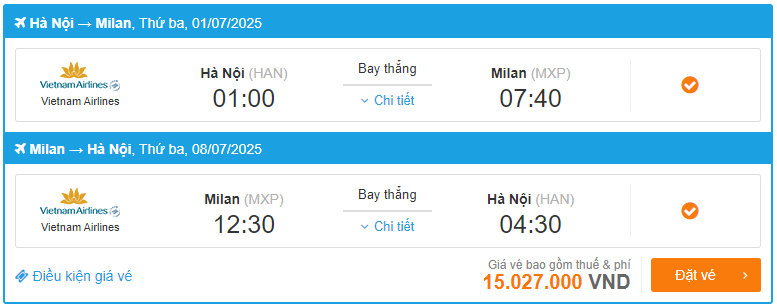 Vietnam Airlines ve may bay thang tu Ha Noi di Milan